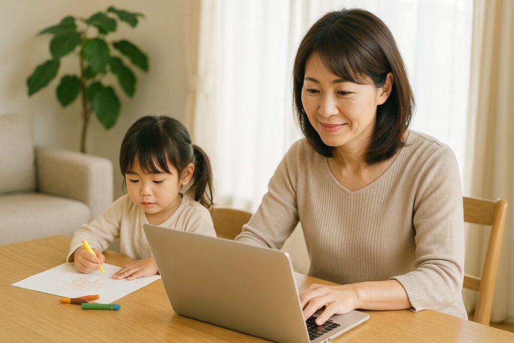 ノートPCを操作する女性の横で小さな子どもが絵を描いている