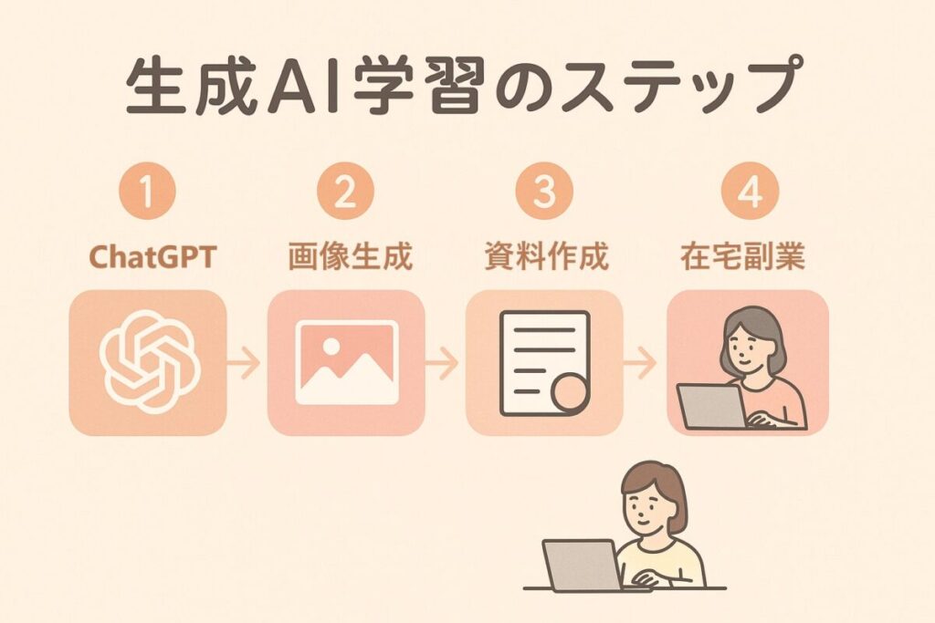 4ステップをアイコン風に描いた図解(ChatGPT → 画像生成 → 資料作成 → 副業)