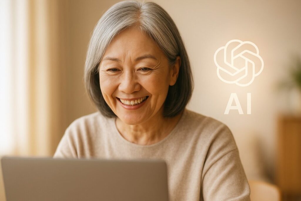 60代女性が笑顔で画面を見つめ、「学びに満足している」表情