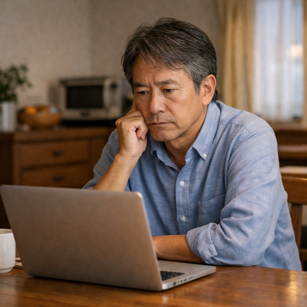 AIに不安を感じながらノートパソコンを見る50代後半の日本人