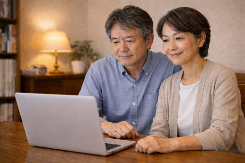 オンラインAIセミナーを視聴する50代日本人
