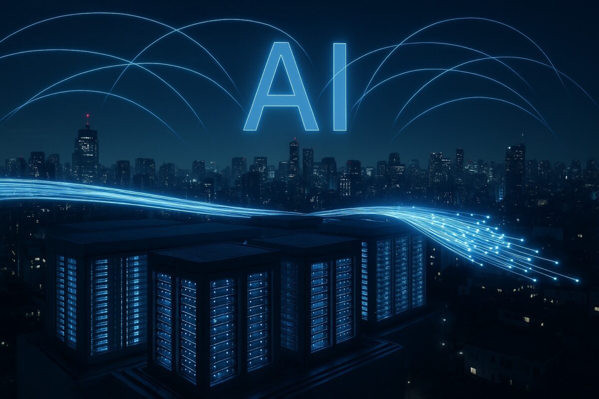 夜の都市に立ち並ぶ近未来的データセンター群