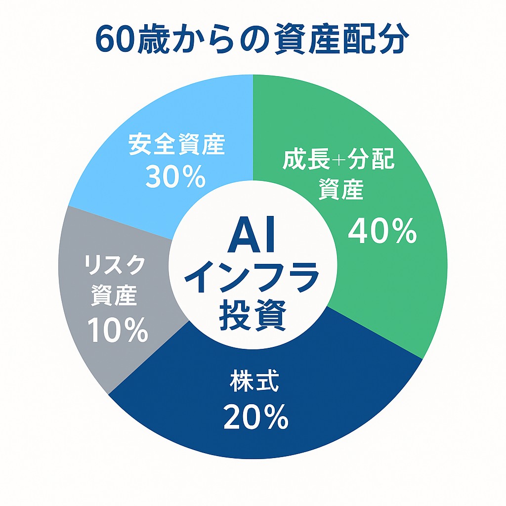 円グラフで「安全30％・成長＋分配40％・株式20％・リスク10％」を表示