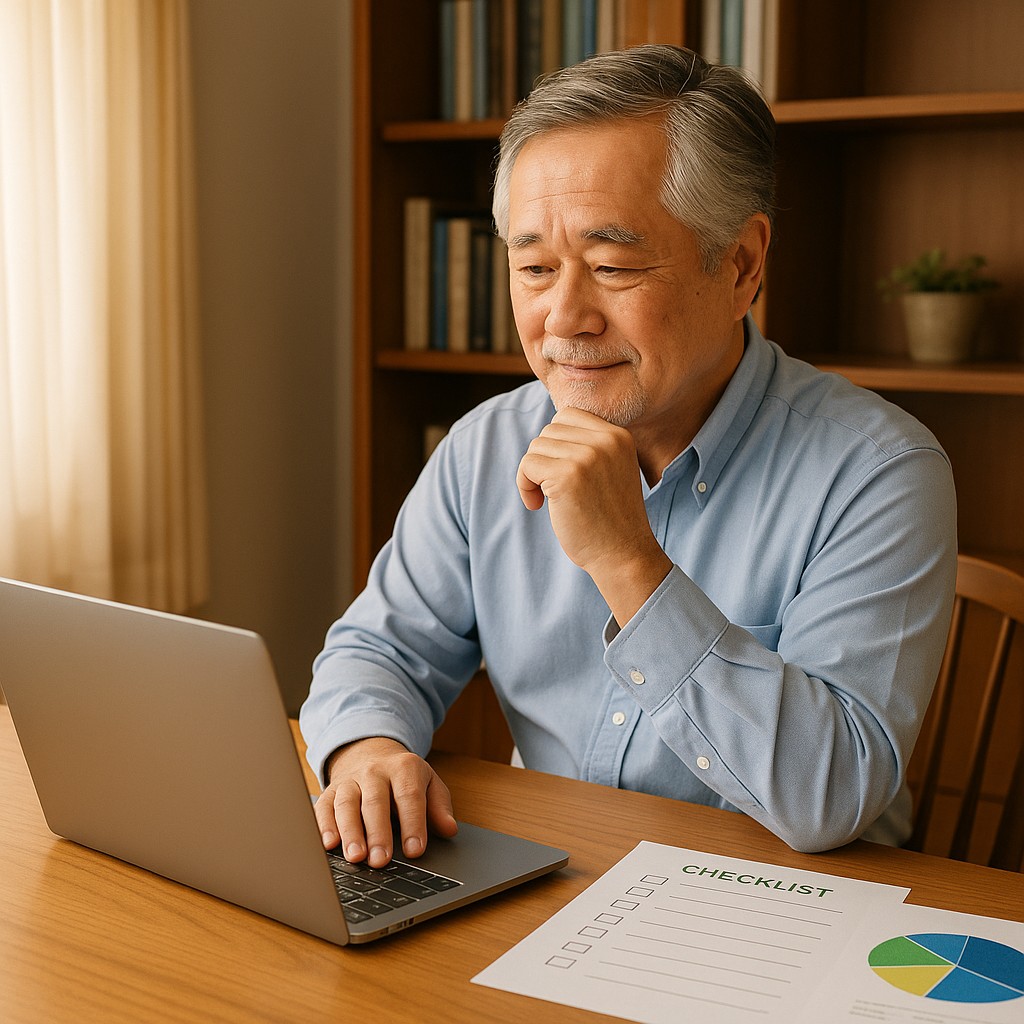 シニア男性がノートPCで投資計画をチェックしている様子