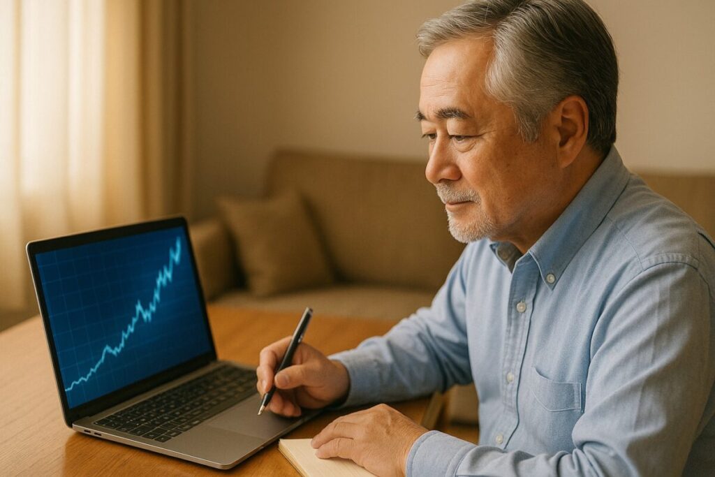 ノートPC画面にグラフや成長ラインが映り、その横に手帳を開いたシニア男性がメモしている構図