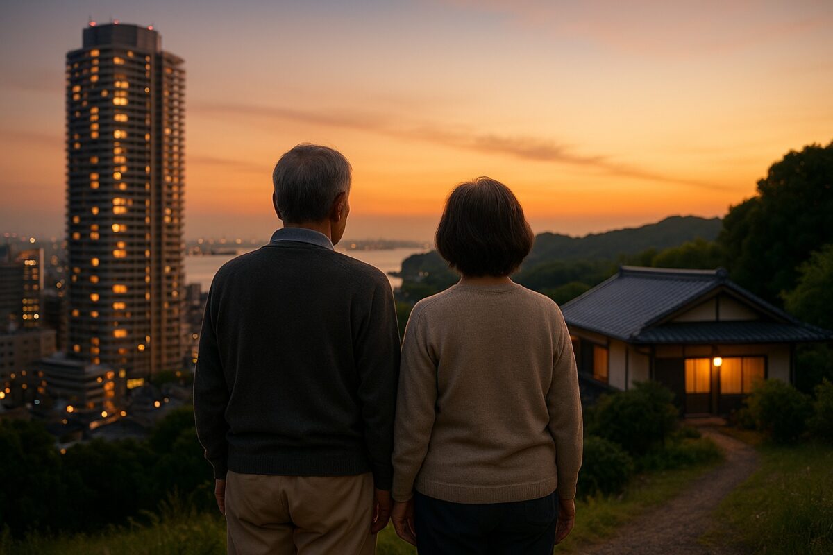 横浜の高層マンションの夜景と、緑の多い田舎の平屋の風景が左右に並んだ構図
