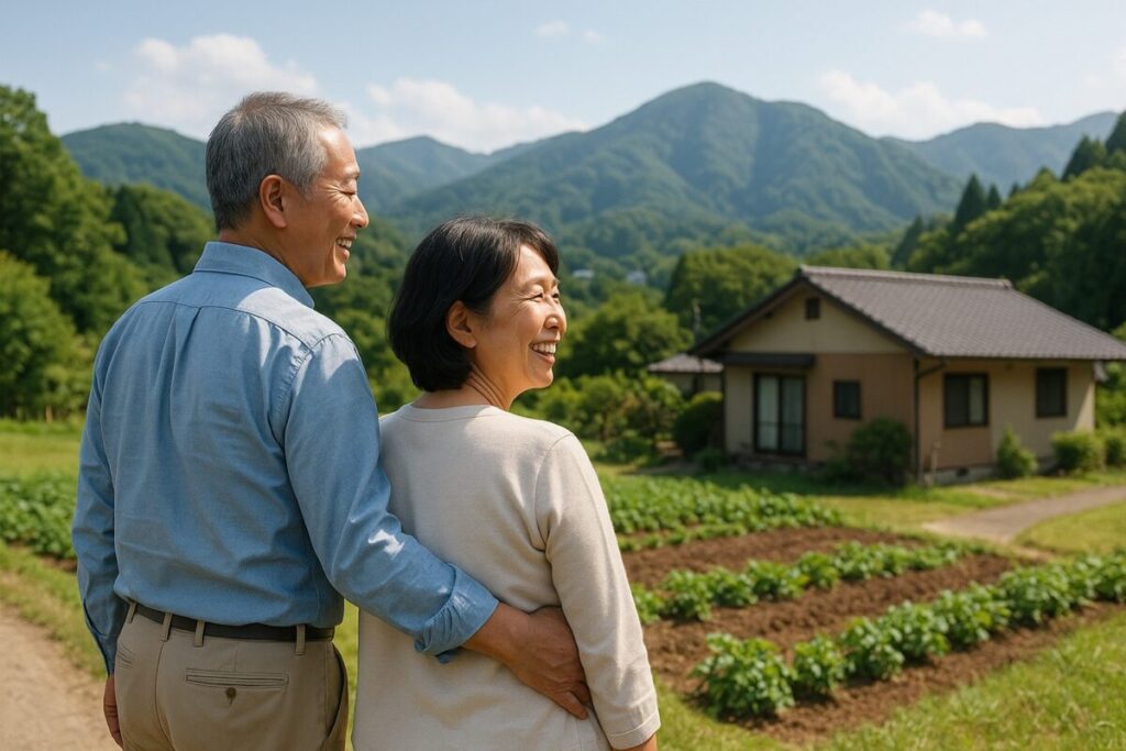 60代の夫婦が、田舎の小さな家と畑を笑顔で見ている後ろ姿