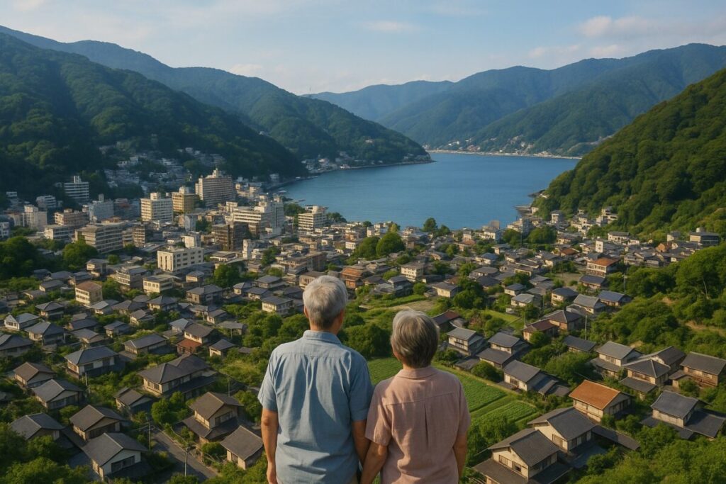 都市から車で1時間ほどの距離にある、海と山に囲まれた小さな町の俯瞰写真