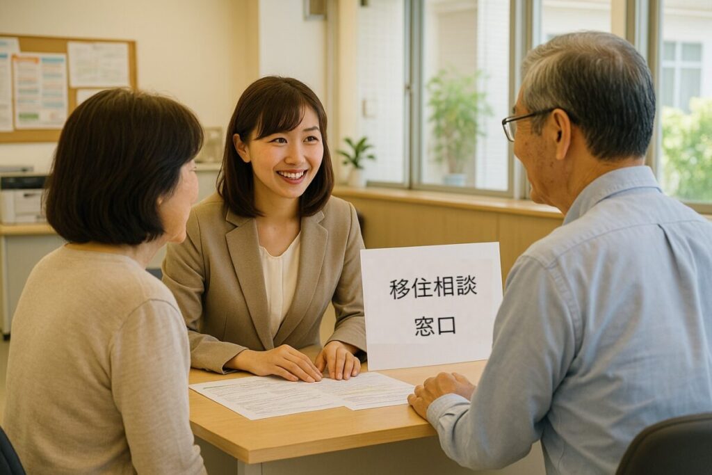 60代の夫婦が、市役所の移住相談窓口で職員に説明を受けている様子