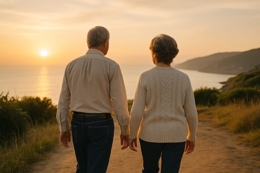 海が見える高台で、60代夫婦が並んで歩いている後ろ姿