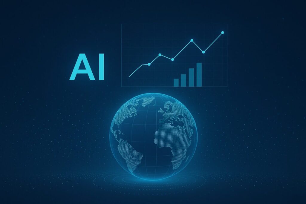 AIが膨大なデータを解析して未来予測している様子