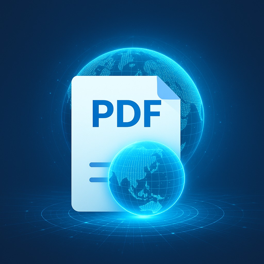 シンプルなPDFアイコンと“未来投資”を象徴するホログラムの地球を組み合わせたイメージ