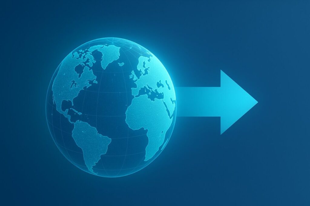 未来へ向かう矢印と、ホログラムの地球が重なったシンプルなイメージ