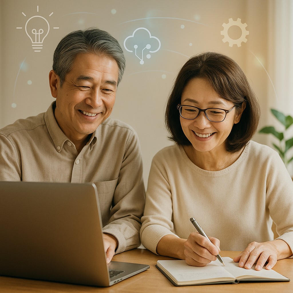 パソコンを使いながらノートにメモを取っている姿