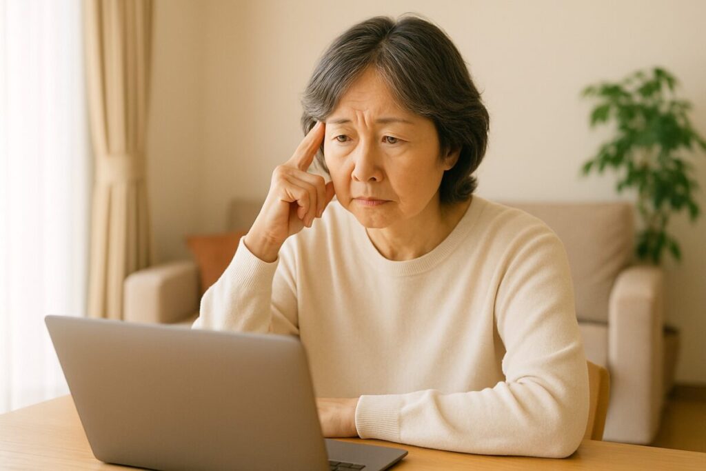 悩みながらパソコンの前に座る60代の女性