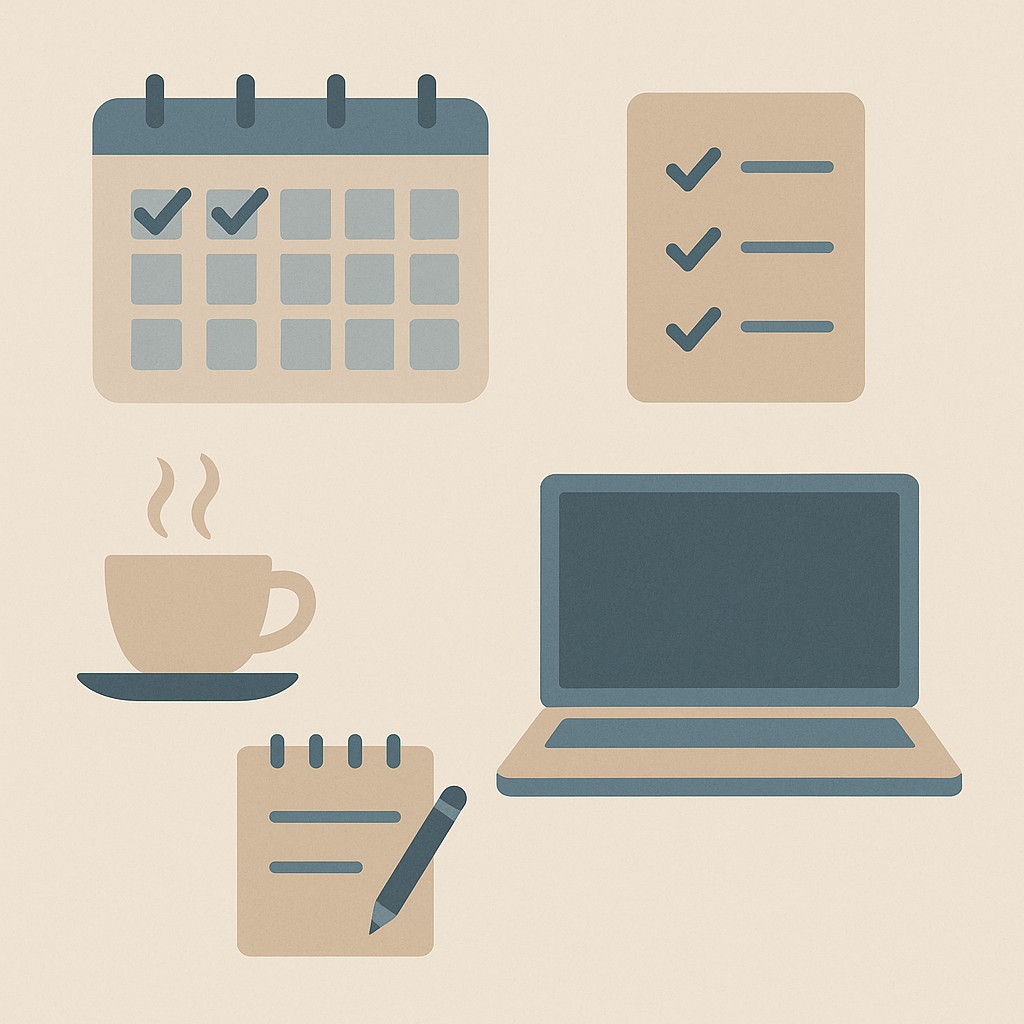 週3稼働・小さな習慣・ハイブリッド働き方をイメージさせるカレンダーアイコン、チェックリスト、パソコン、カフェ、メモ帳などの要素