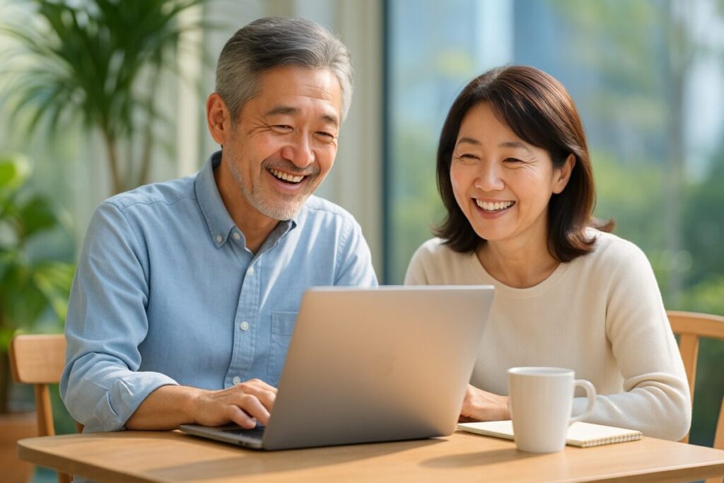 60代夫婦が笑顔でカフェや自宅のテラスでパソコン作業をしている写真風