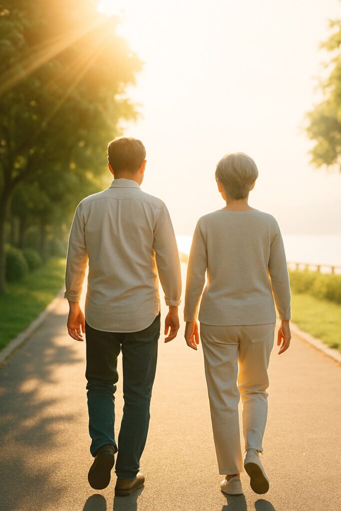 前向きに歩き始める60代男女。公園や海沿いの散歩道。背中越しの構図。