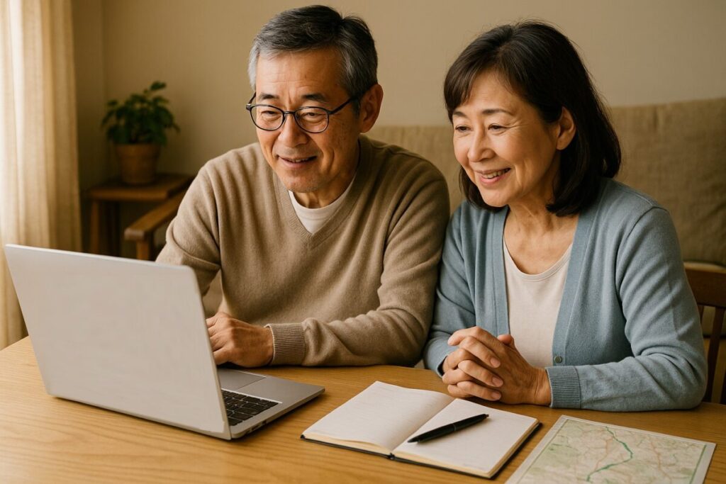 パソコンやタブレットで物件サイトを見る60代夫婦