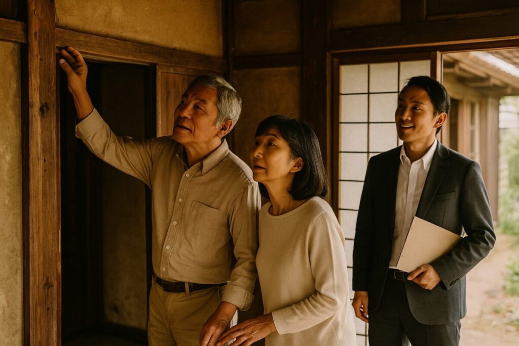 夫婦が古民家を見学し、床を見たり屋根を眺めたりしている