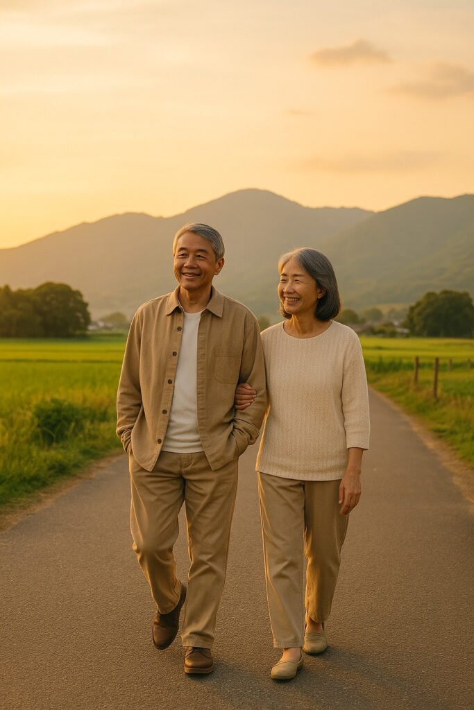 60代夫婦が田舎道を歩く