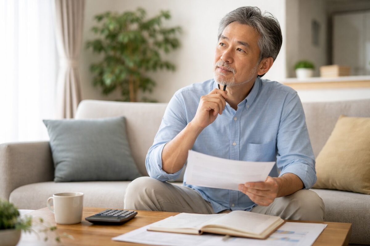 自宅のリビングで年金通知書やノートを前に、穏やかに考えている60代前半の男性