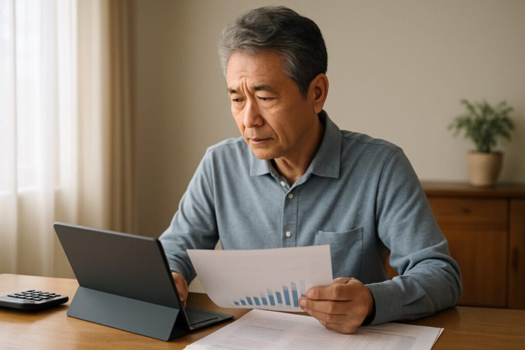 60代男性が自宅で資料を見ながら考えている