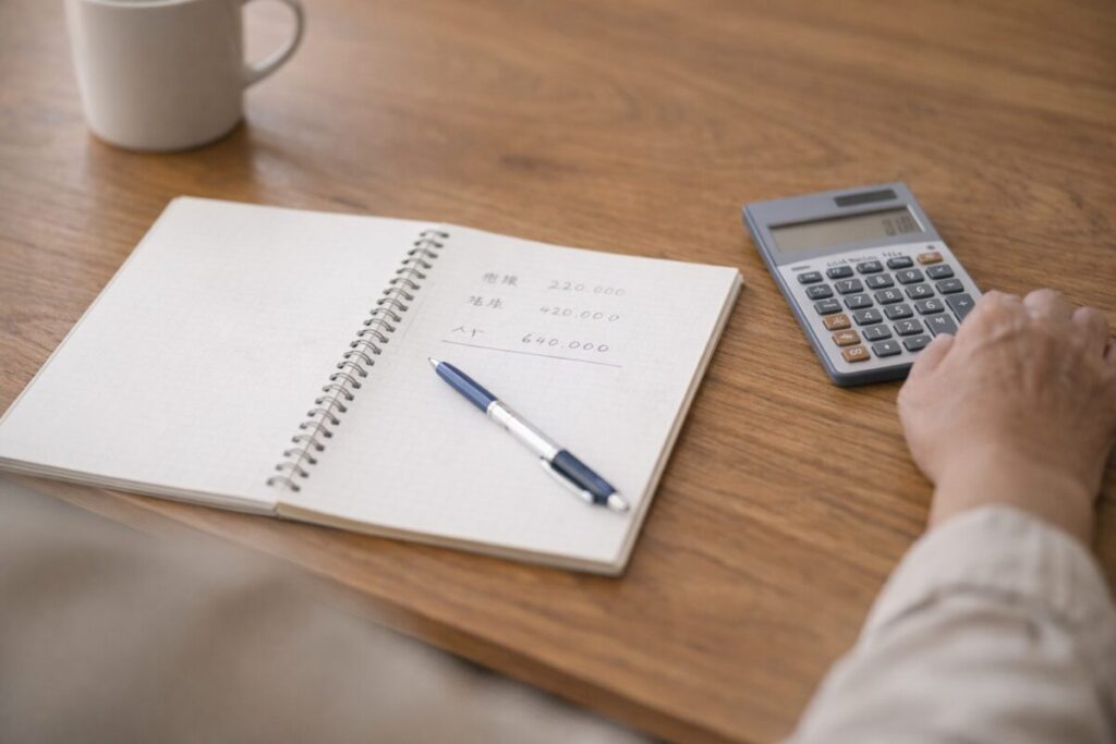 ノートと電卓を使って年金と給料のバランスを考えるシニア向けの机上イメージ