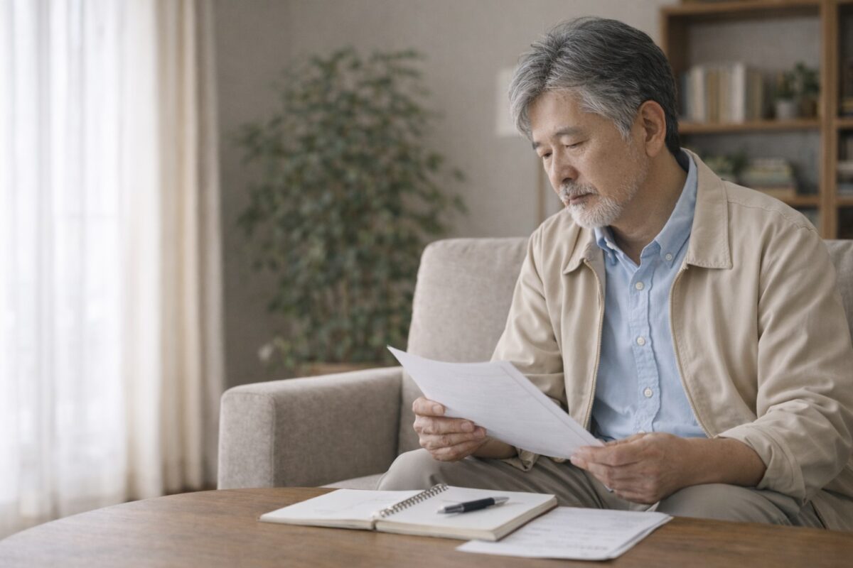 自宅のリビングで書類とノートを見ながら、65歳以降の働き方と年金制度を考える60代男性