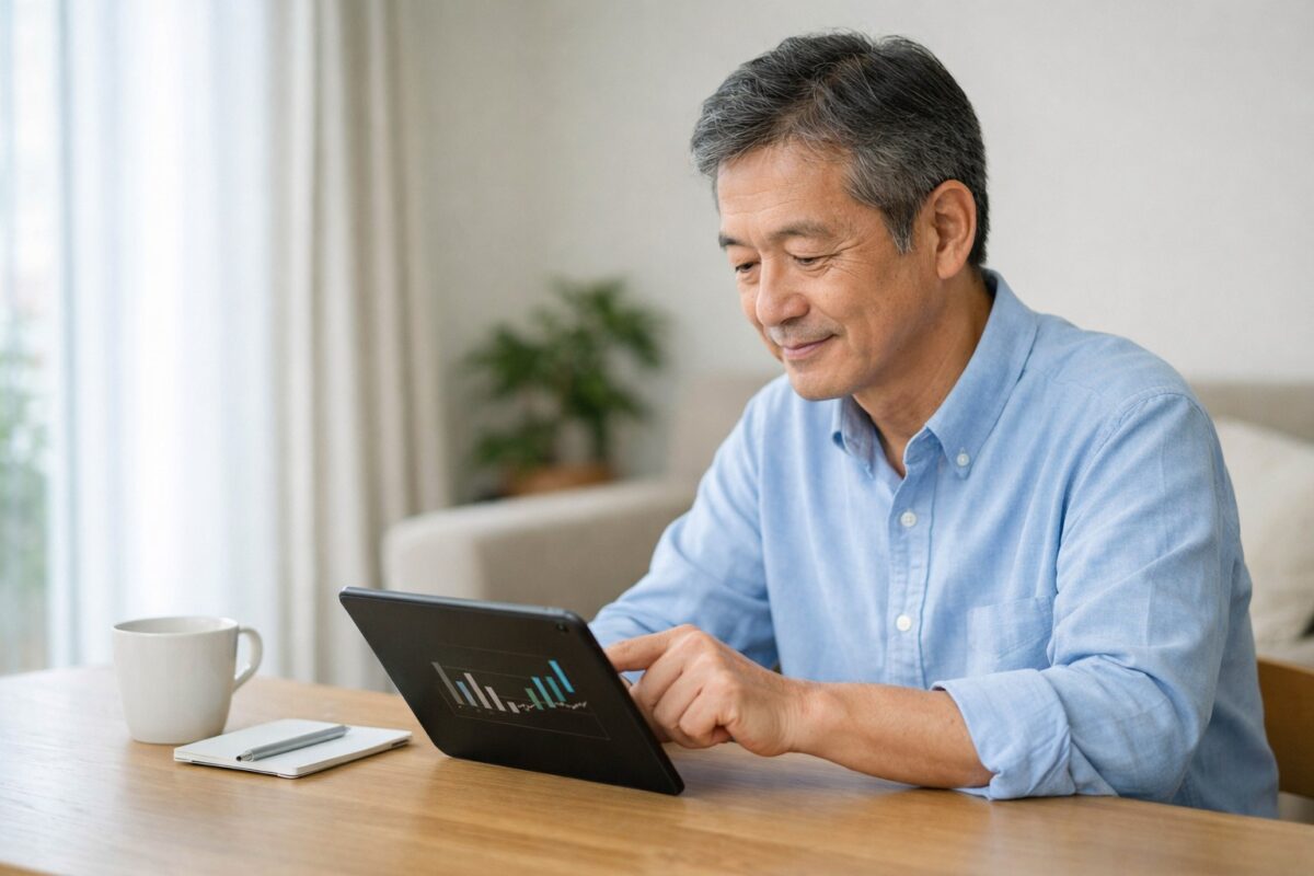 自宅でタブレットを使い、落ち着いて資産状況を確認する60代日本人男性