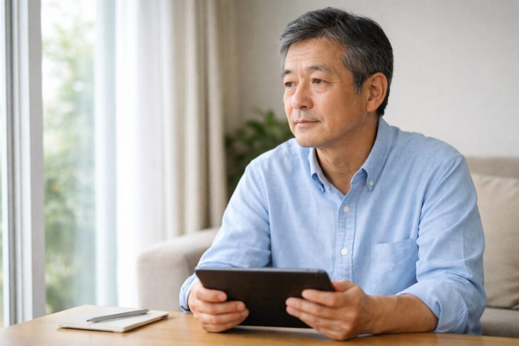 相場の動きを前に、判断に迷う様子の60代日本人男性