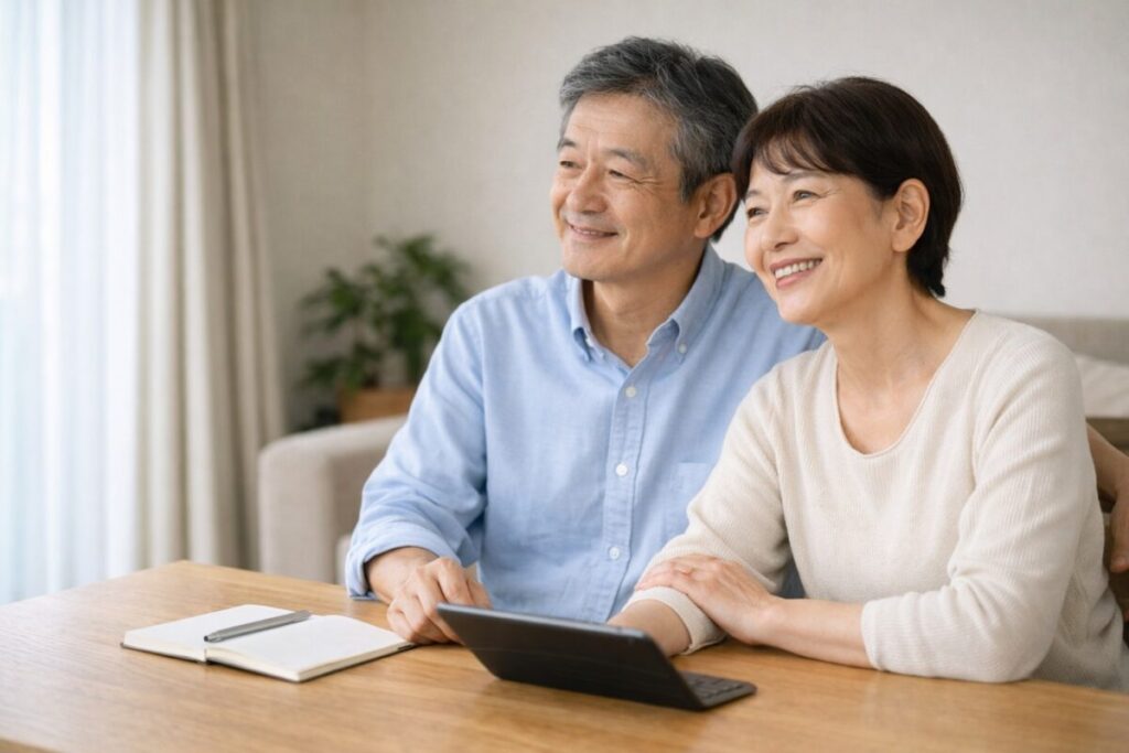 自宅で将来の生活を穏やかに話し合う60代日本人夫婦
