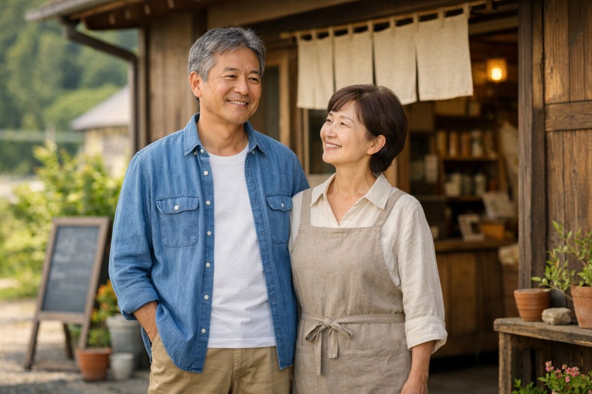地域の店舗前に立つ60代の日本人夫婦。穏やかな表情で信頼と承継を感じさせる様子。