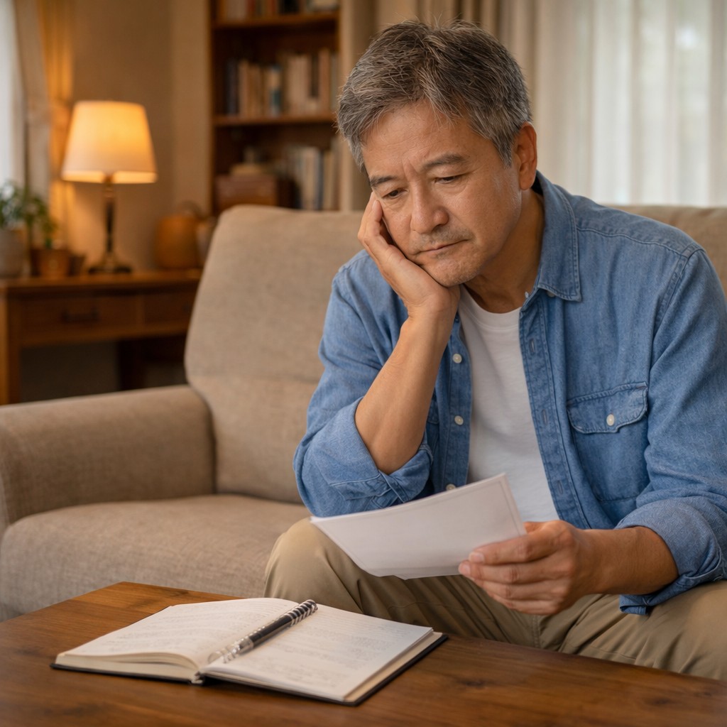 書類とノートを前に考え込む60代の日本人。落ち着いた自宅リビングの様子