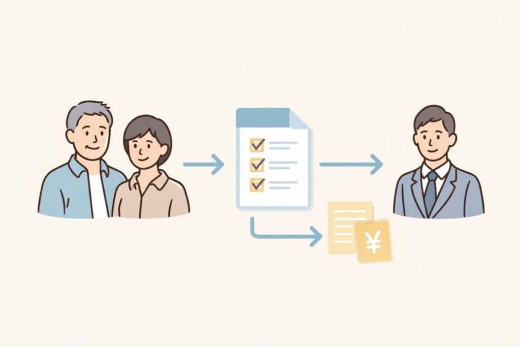 信頼を積み上げる流れを表したシンプルなイラスト。人と書類、チェック項目が描かれている。