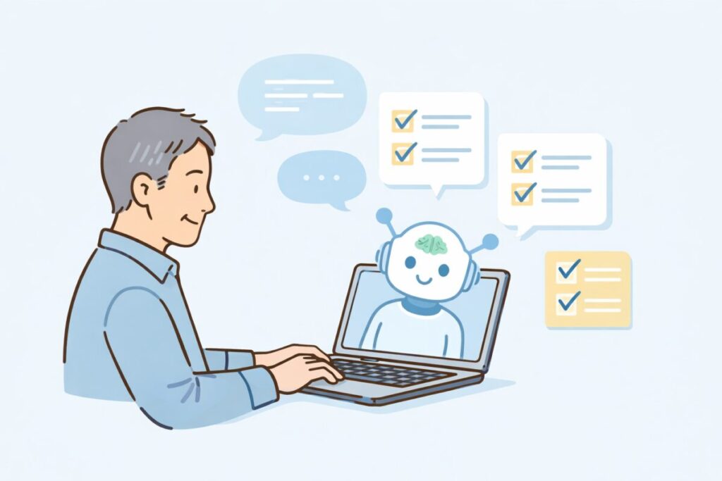 ノートパソコンでAIと対話する60代の日本人を描いたイラスト。優しい色合い。