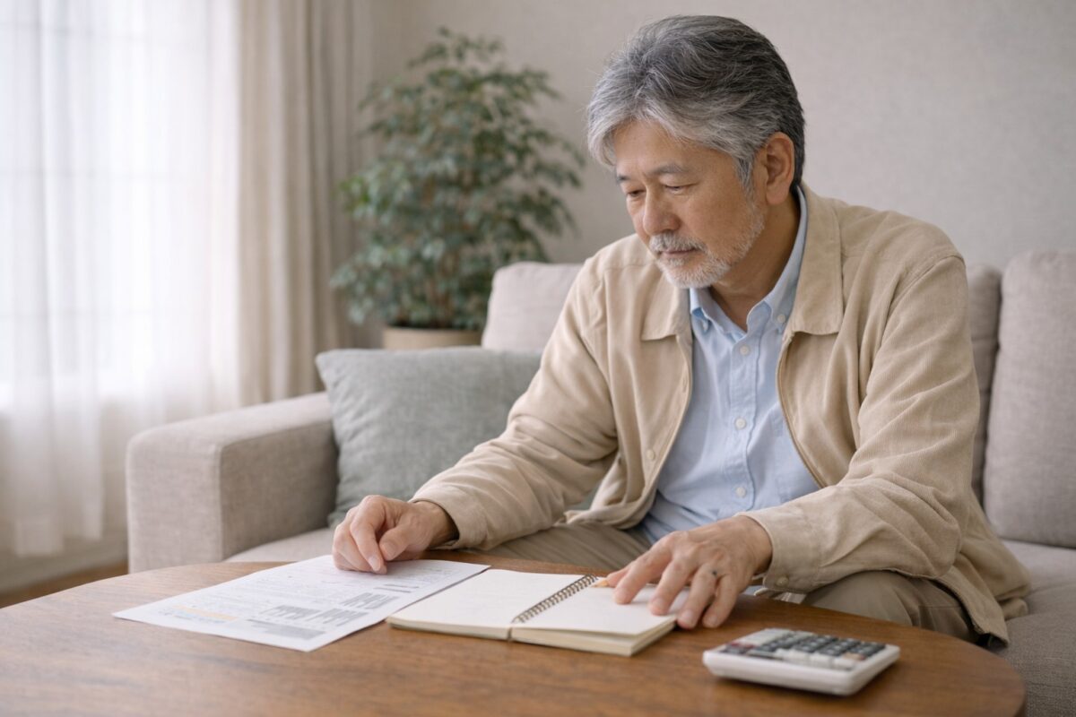 自宅で将来の収入について落ち着いて考える60代の日本人男性