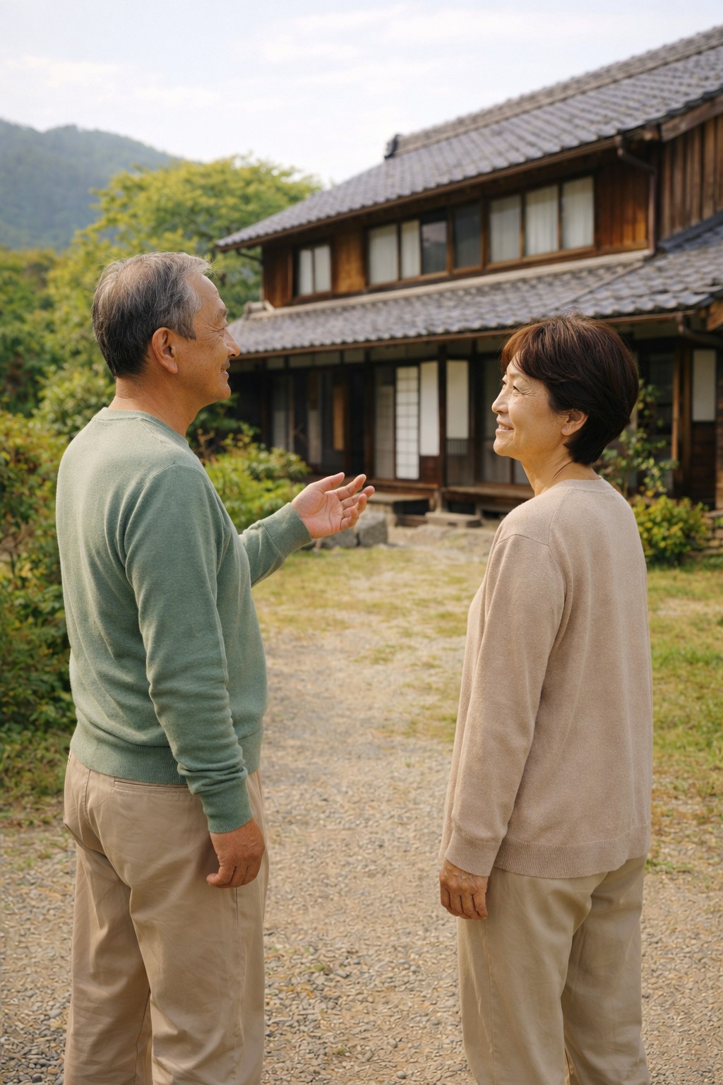週末だけ田舎に通う二拠点生活を考え、古民家の前で相談する60代夫婦