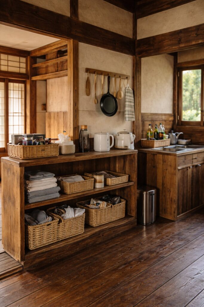 週末滞在用に生活用品を置いた、田舎の家の室内の様子