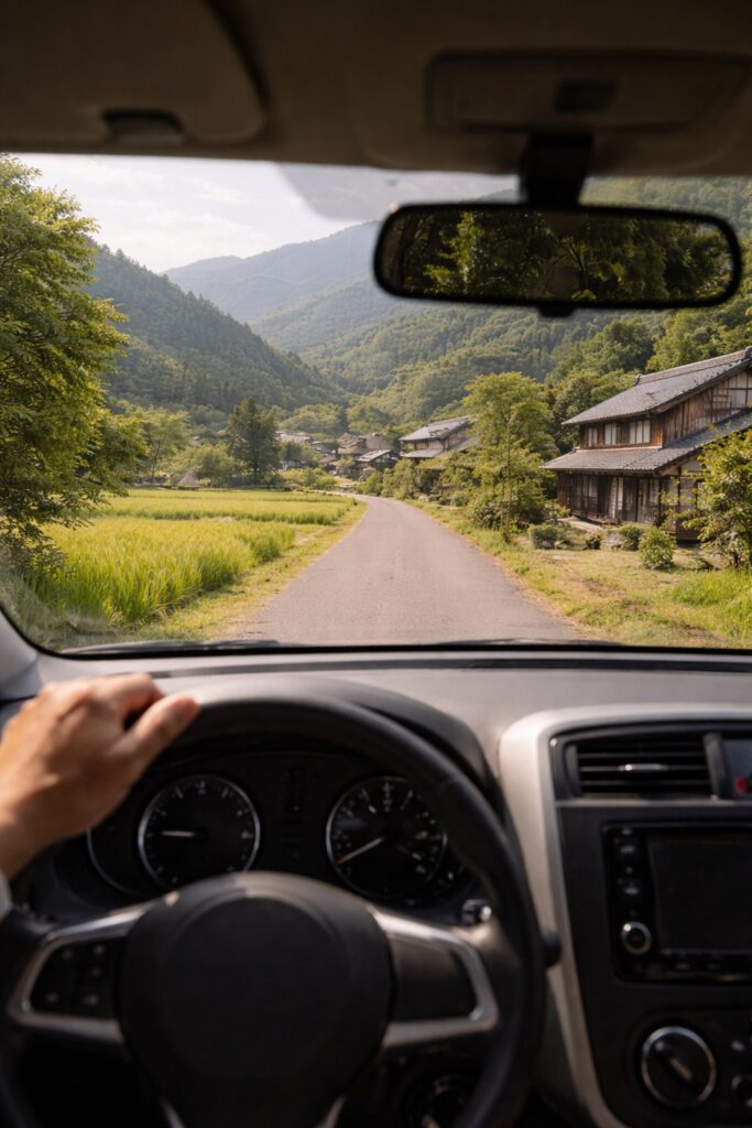 田舎への移動距離や通いやすさを体感できる、静かな山道のドライブ風景
