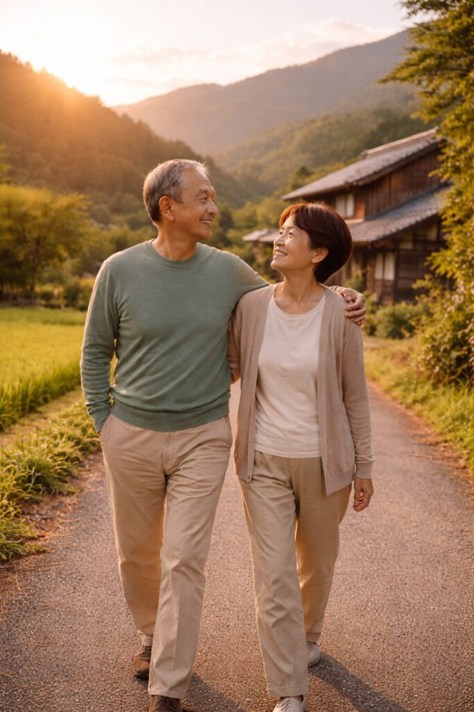 体験移住を通して、これからの暮らしを考えながら田舎道を歩く60代夫婦