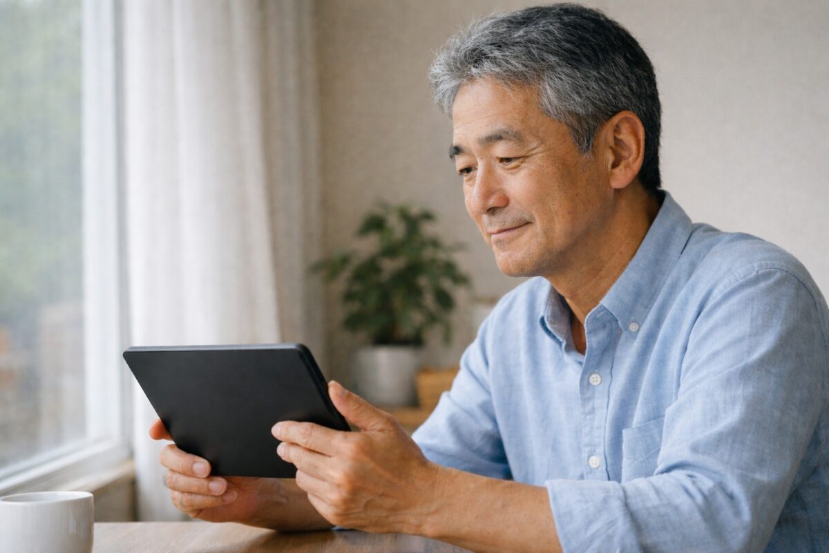 60代の男性が自宅でタブレットを使い、落ち着いて資産管理を考えている様子