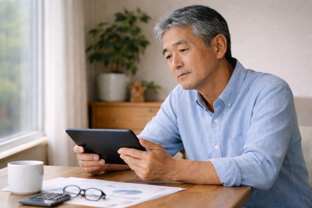 投資判断に迷いながらも落ち着いて考える60代男性の様子