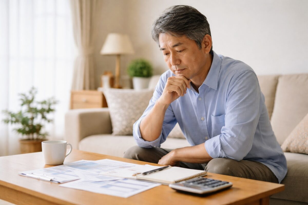年金や収入の書類を前に、これからの税金について静かに考える60代日本人男性