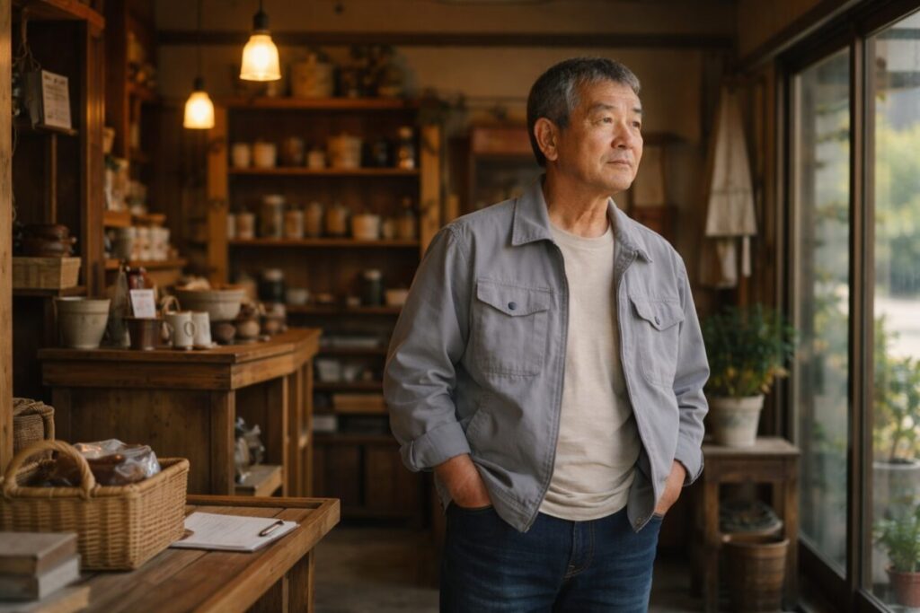 客のいない時間帯に、店内で一人考え込む60代の事業者