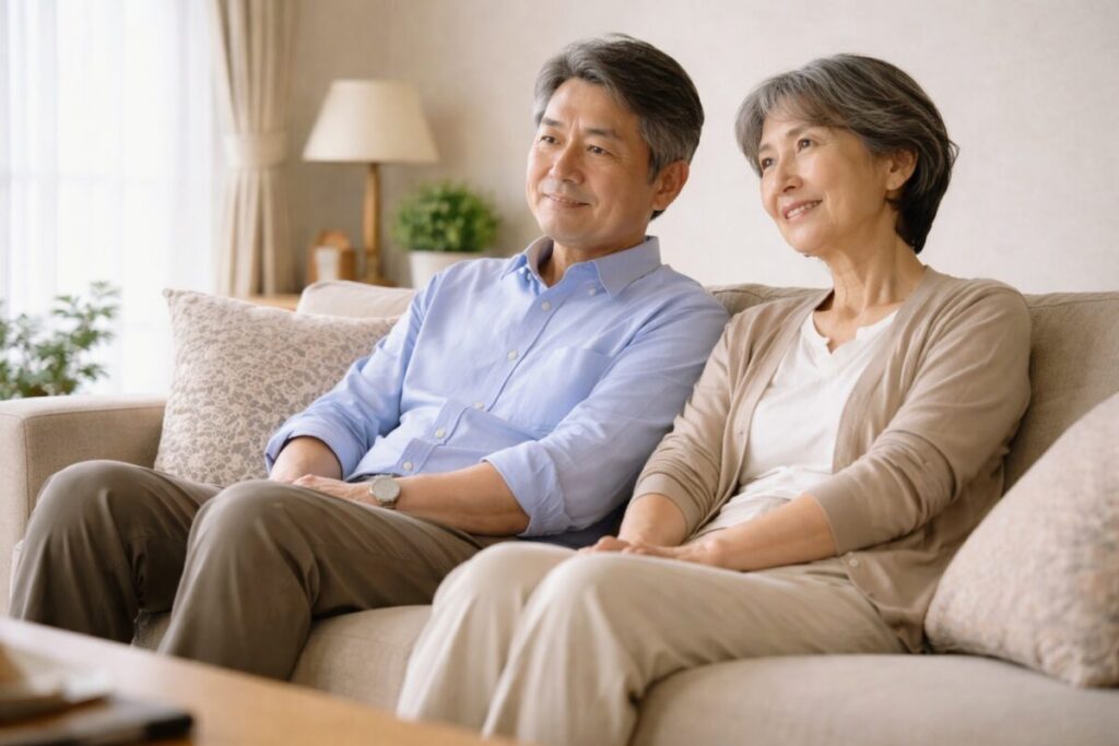 書類を片付け、穏やかな時間を過ごす60代後半の日本人夫婦