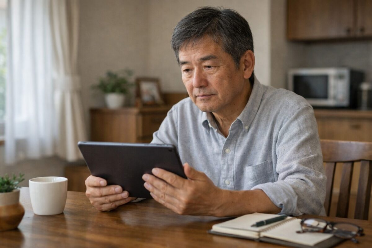 自宅でタブレットを見ながら投資判断について考える60代の日本人男性
