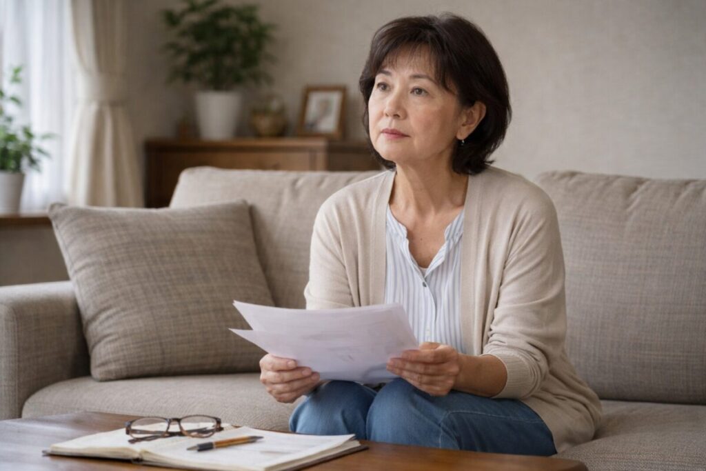 老後資金について考えながら一度立ち止まる60代の日本人女性