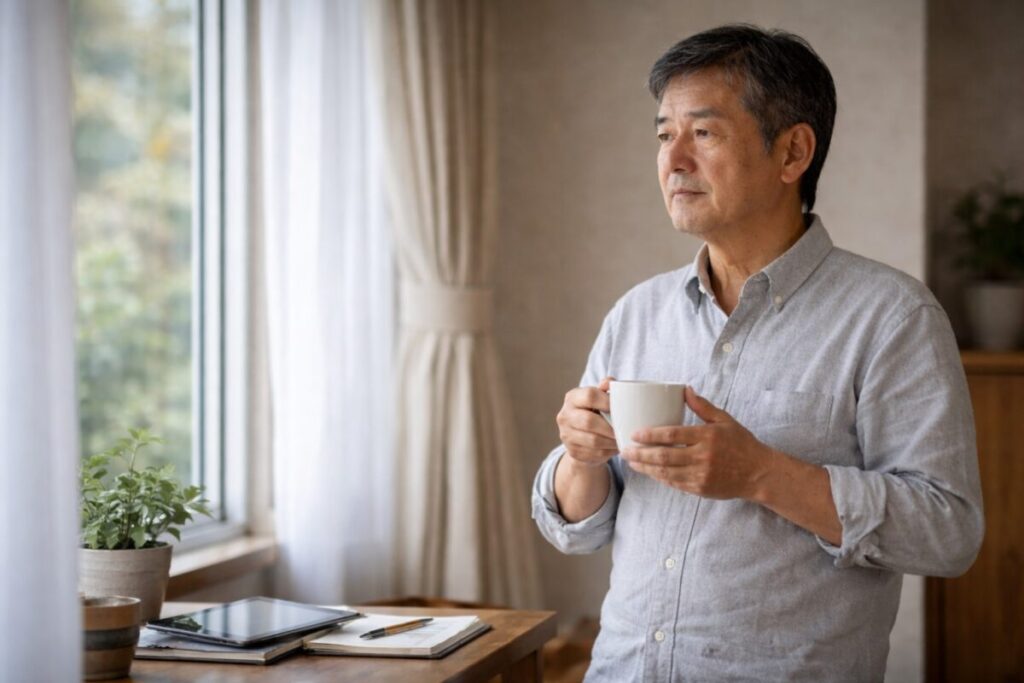 判断を急がず静かに考える時間を持つ60代の日本人男性