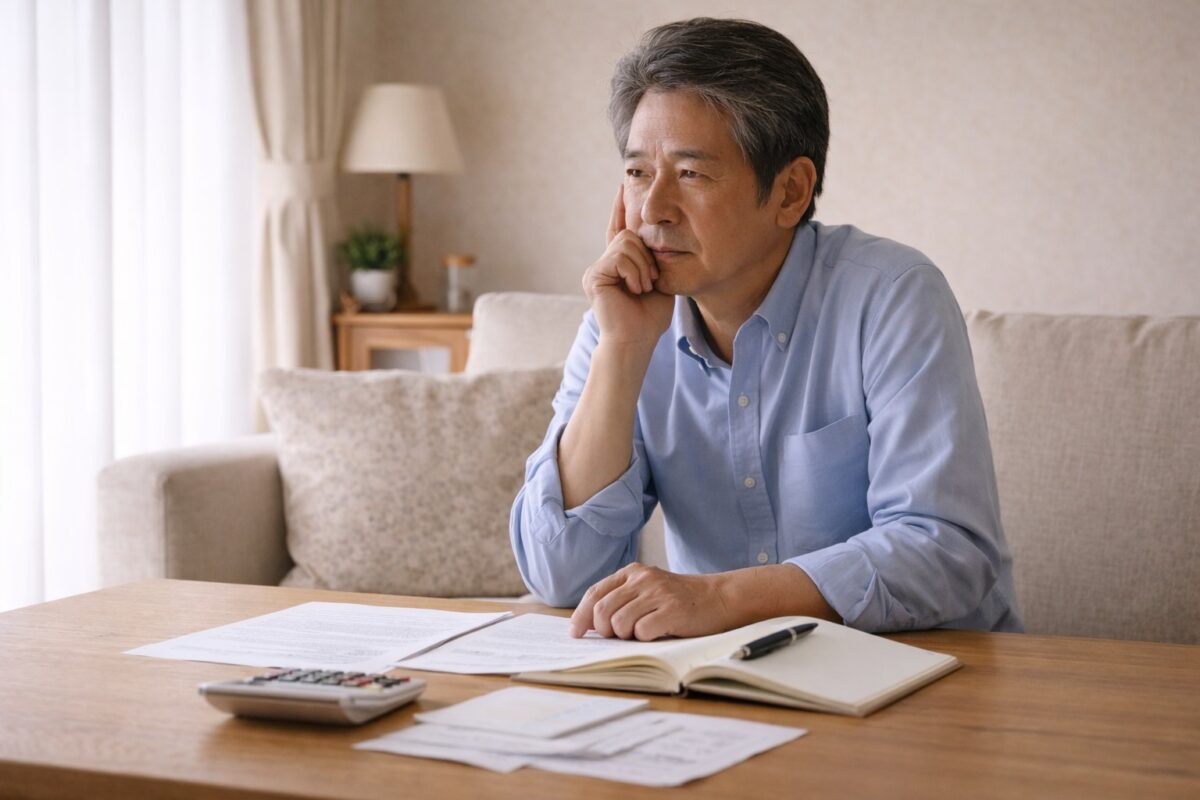 自宅で書類を前に考え込む60代日本人男性。年金や税金について判断を整理しようとしている様子。